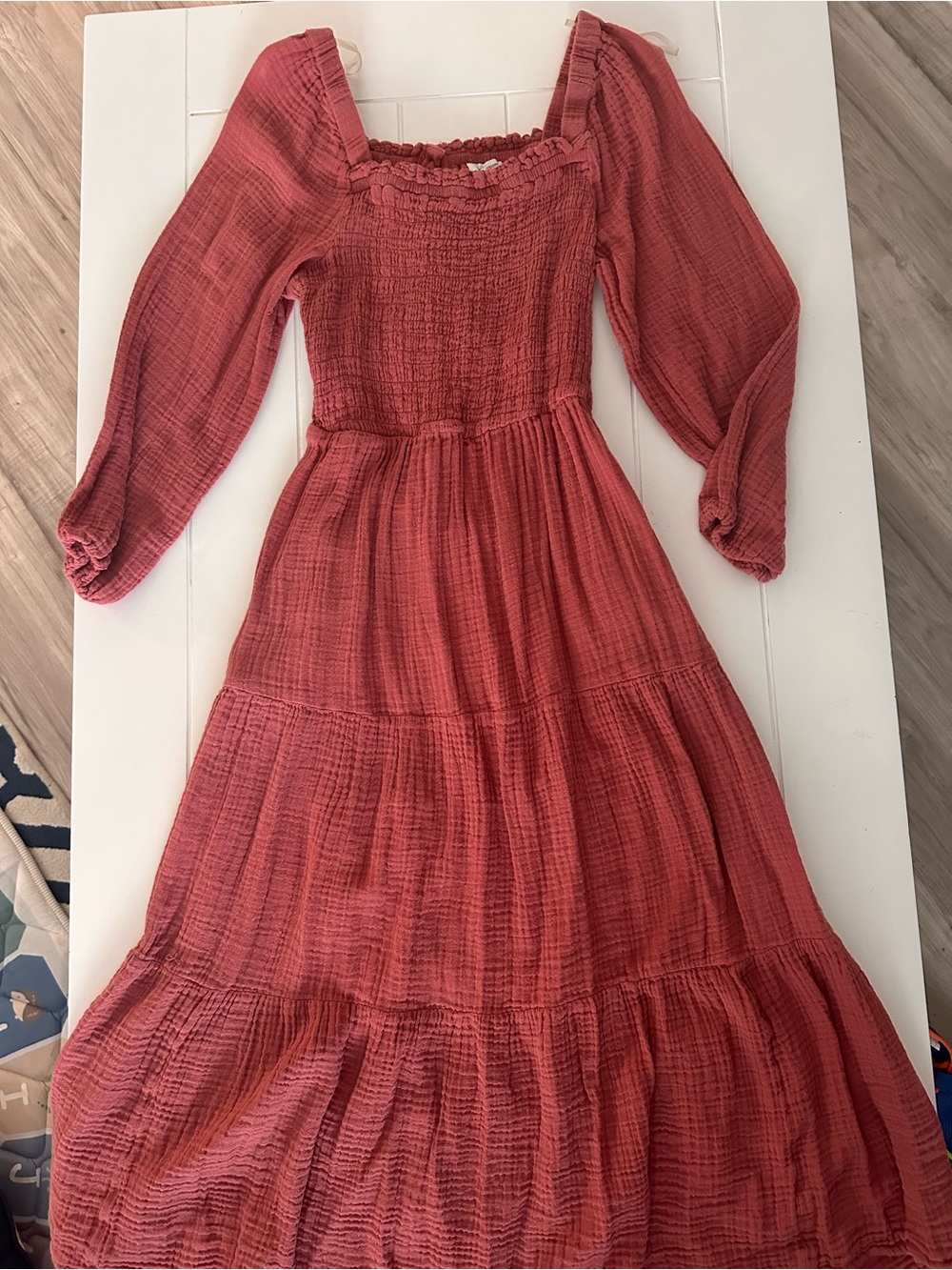 Smocked Square-Neck Long Sleeve Maxi Dress in Dusty Rose